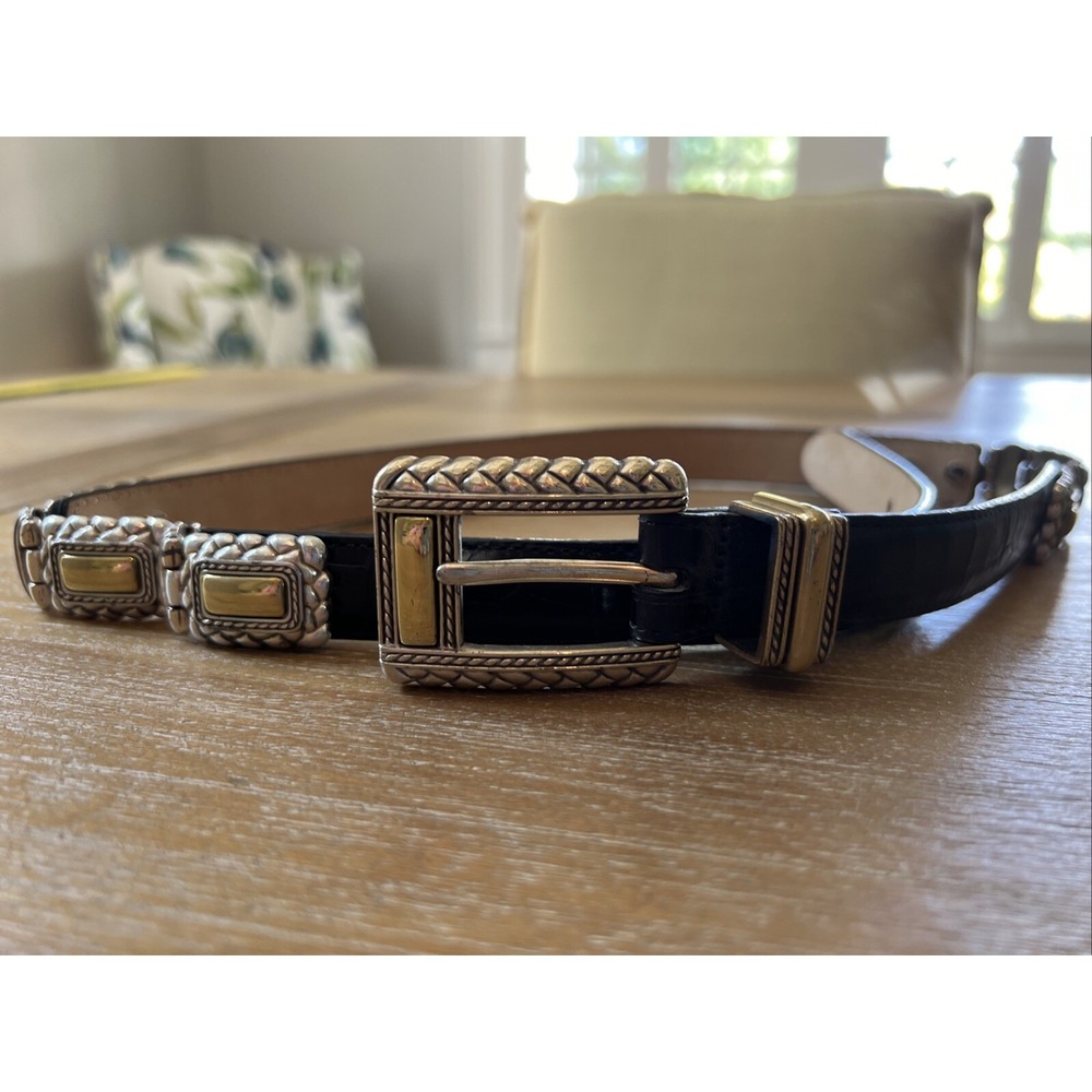 Brighton Ladies Leather Belt Brown Silver Weave Gold Accent Med 36"